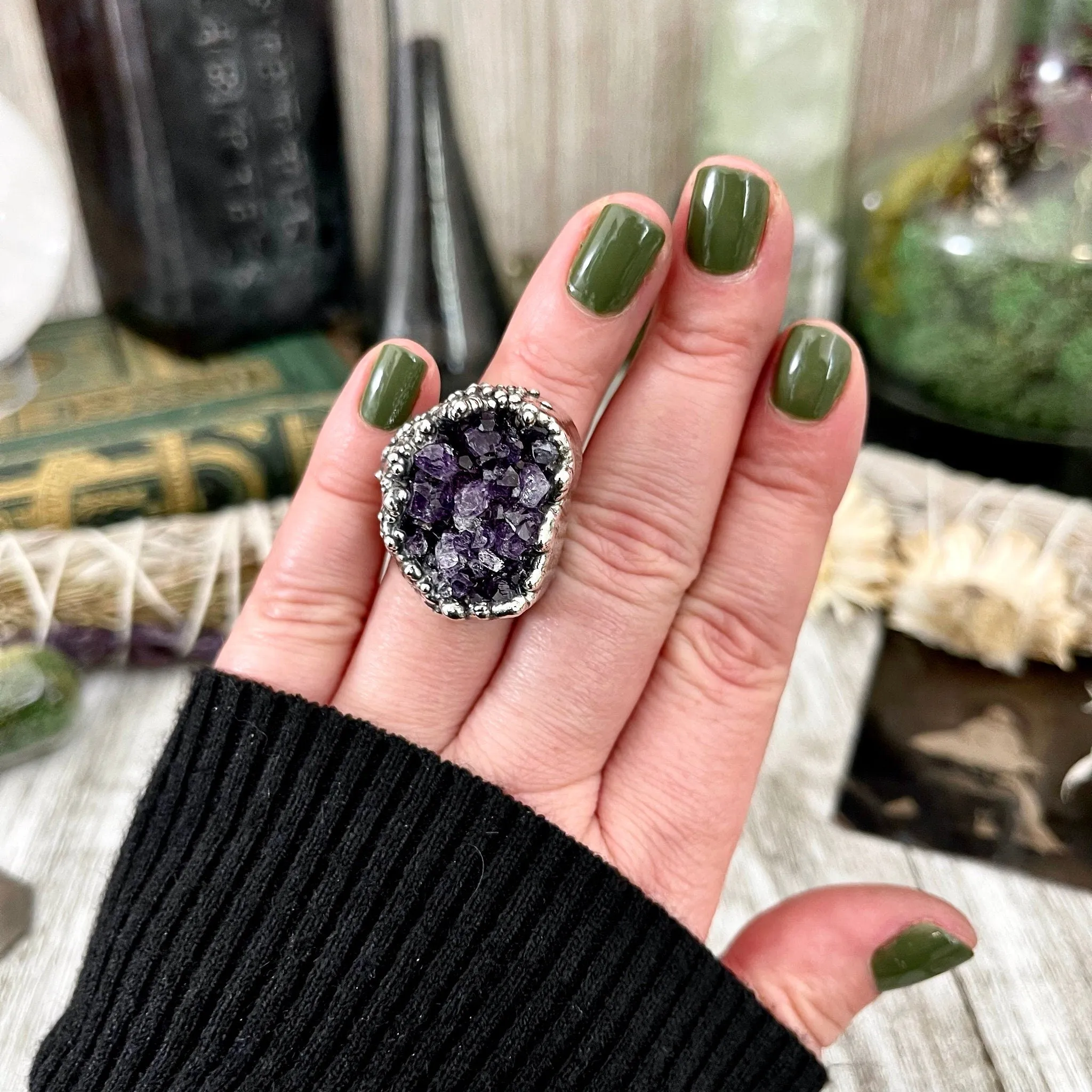 Size 6 Big Raw Amethyst Purple Crystal Ring in Fine Silver / Foxlark Collection - One of a Kind