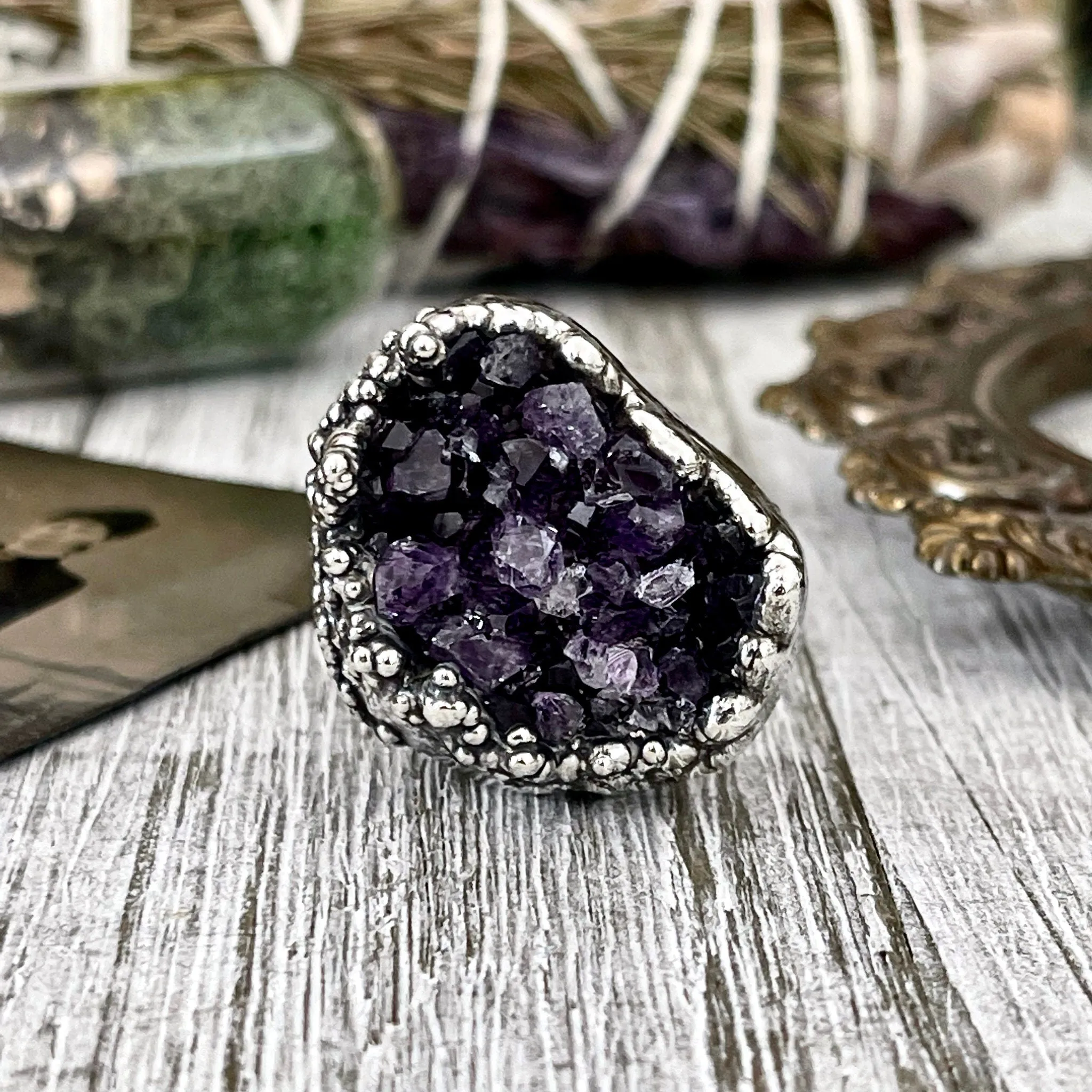 Size 6 Big Raw Amethyst Purple Crystal Ring in Fine Silver / Foxlark Collection - One of a Kind