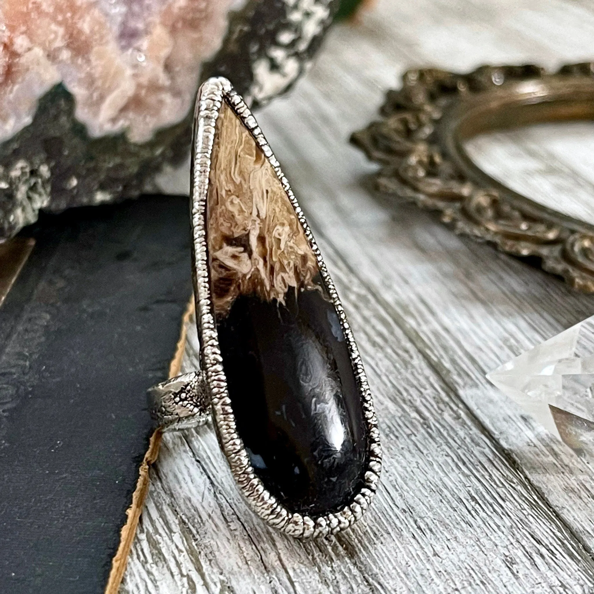 Size 6 Large Fossilized Palm Root Statement Ring in Fine Silver - Black Stone Ring / Foxlark Collection - One of a Kind