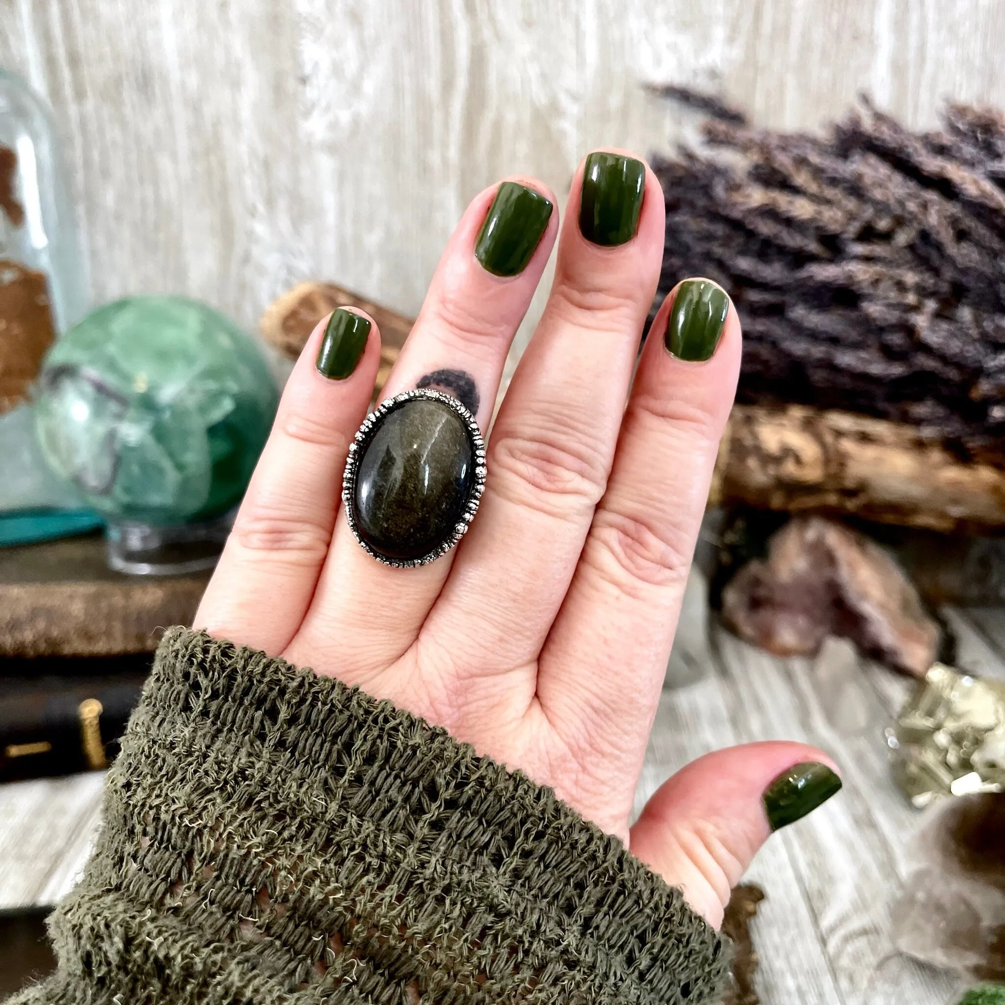 Size 6.5 Golden Sheen Obsidian Statement Ring in Fine Silver /  Foxlark Collection - One of a Kind