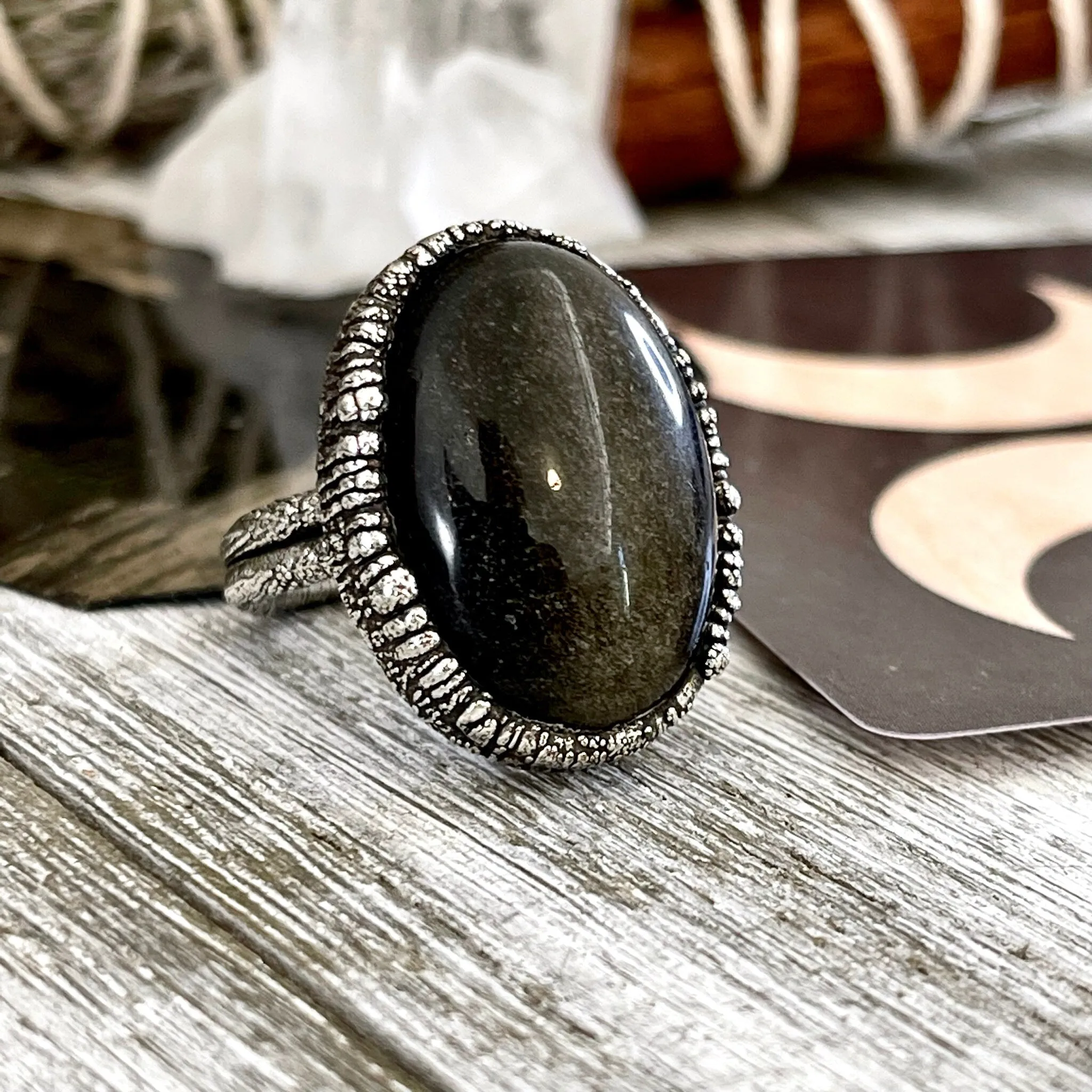 Size 6.5 Golden Sheen Obsidian Statement Ring in Fine Silver /  Foxlark Collection - One of a Kind