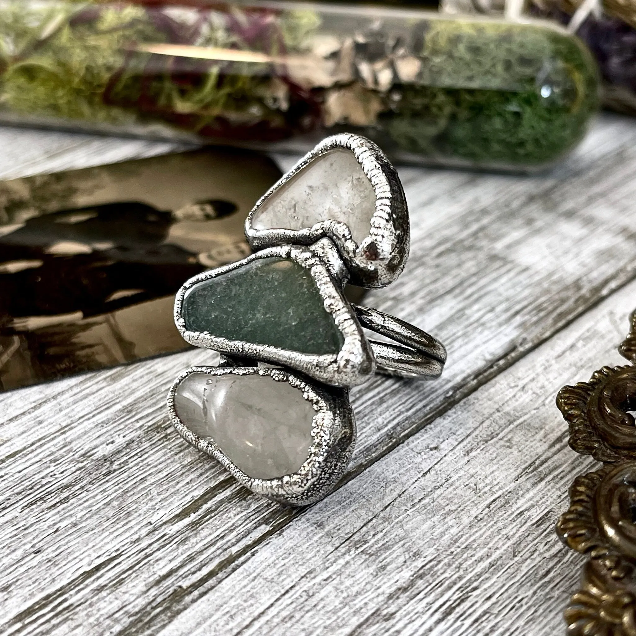 Size 7 Crystal Ring - Three Stone Clear Quartz Green Aventurine Ring in Silver / Foxlark Collection - One of a Kind