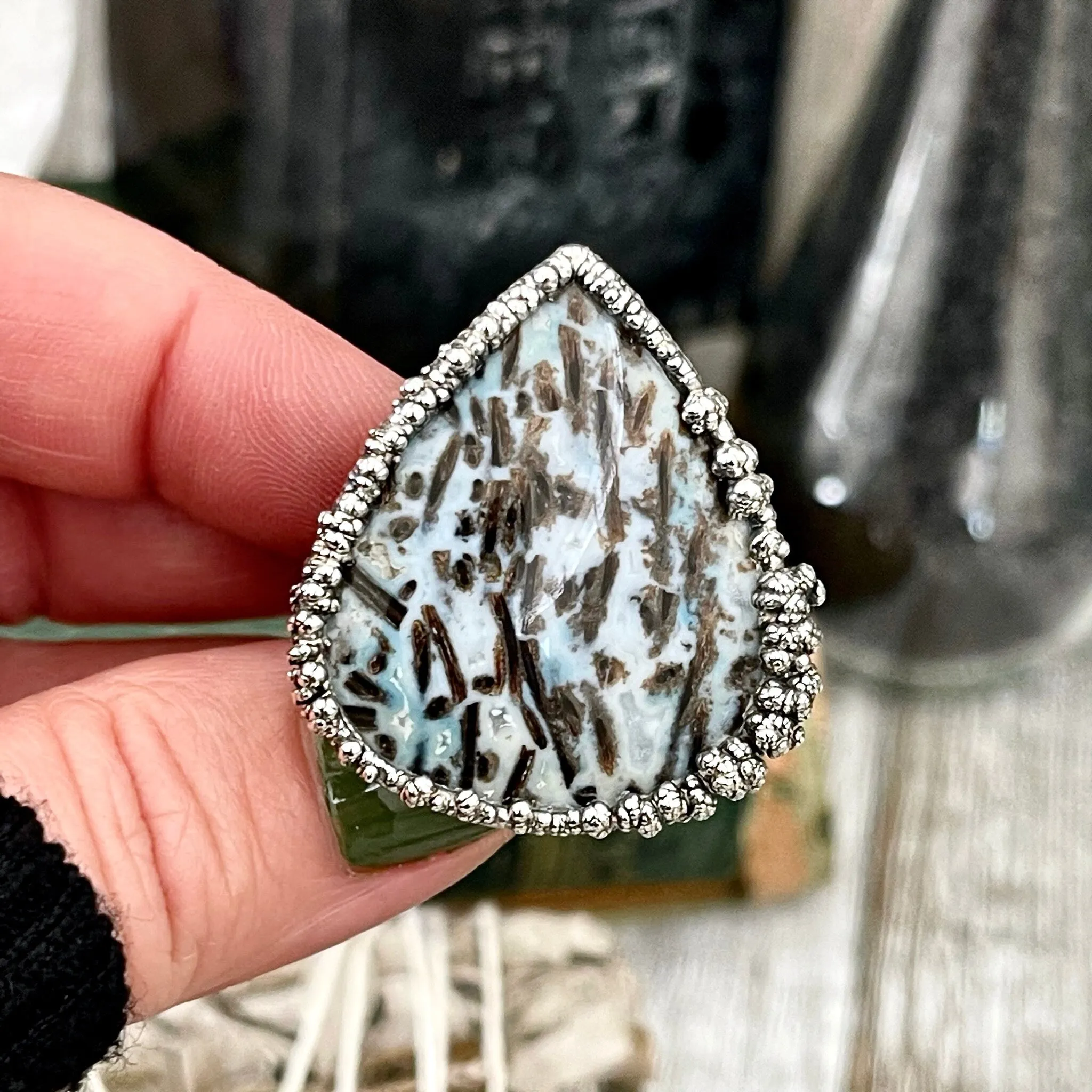 Size 7 Large Blue Fossilized Palm Root Statement Ring in Fine Silver / Foxlark Collection - One of a Kind