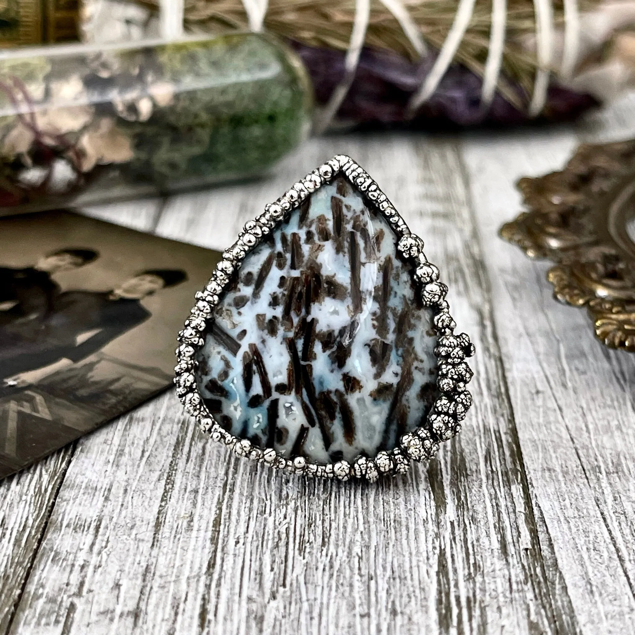 Size 7 Large Blue Fossilized Palm Root Statement Ring in Fine Silver / Foxlark Collection - One of a Kind