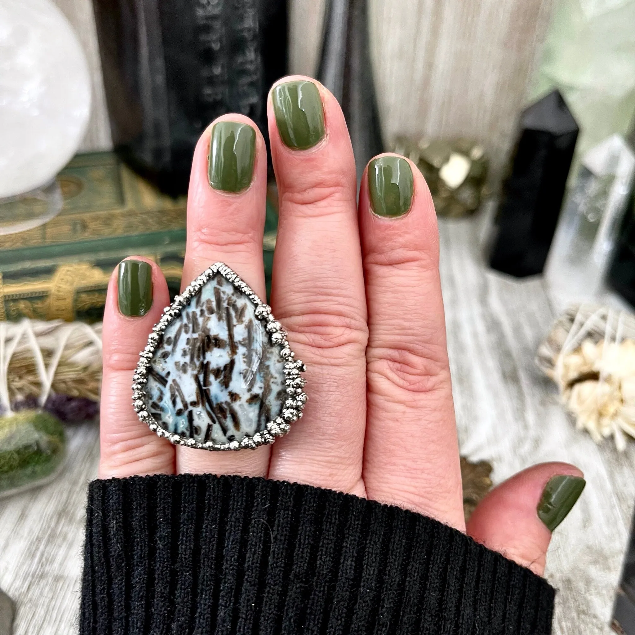 Size 7 Large Blue Fossilized Palm Root Statement Ring in Fine Silver / Foxlark Collection - One of a Kind