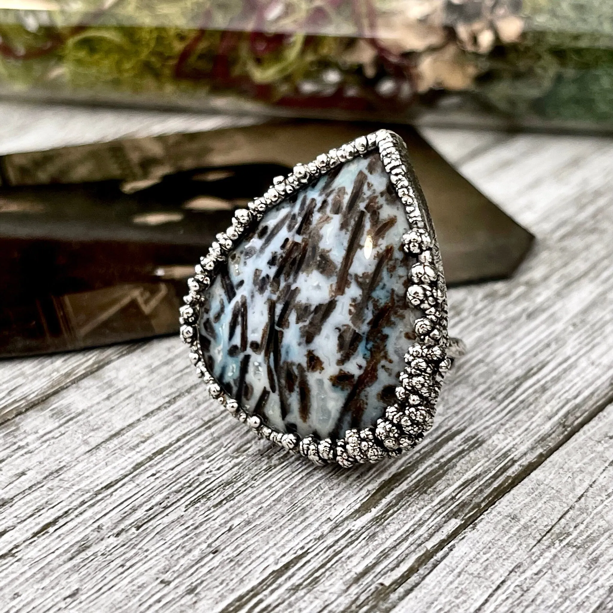 Size 7 Large Blue Fossilized Palm Root Statement Ring in Fine Silver / Foxlark Collection - One of a Kind