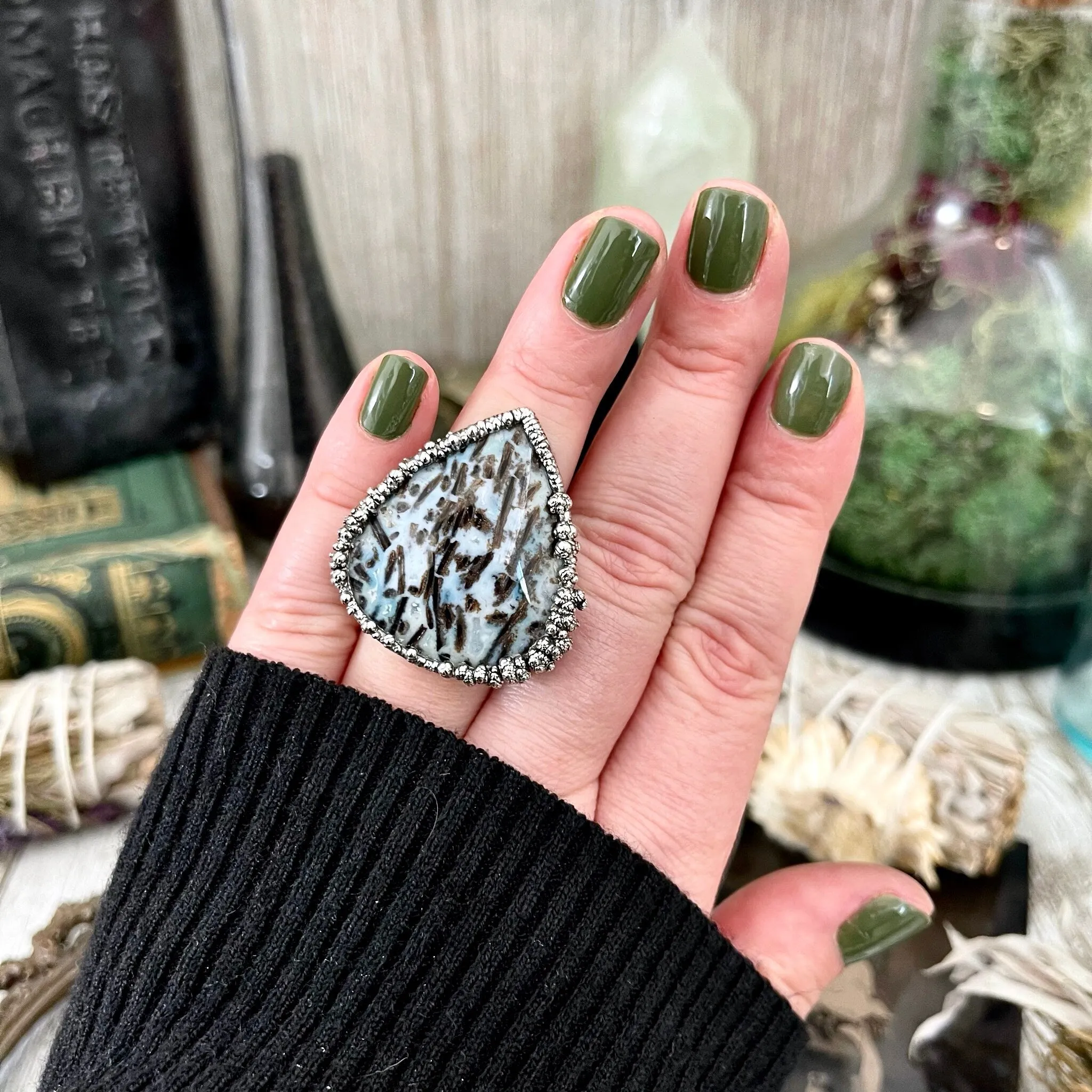 Size 7 Large Blue Fossilized Palm Root Statement Ring in Fine Silver / Foxlark Collection - One of a Kind