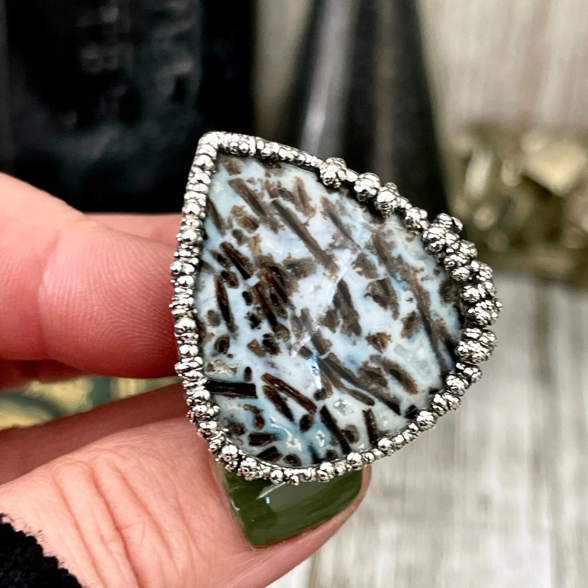 Size 7 Large Blue Fossilized Palm Root Statement Ring in Fine Silver / Foxlark Collection - One of a Kind