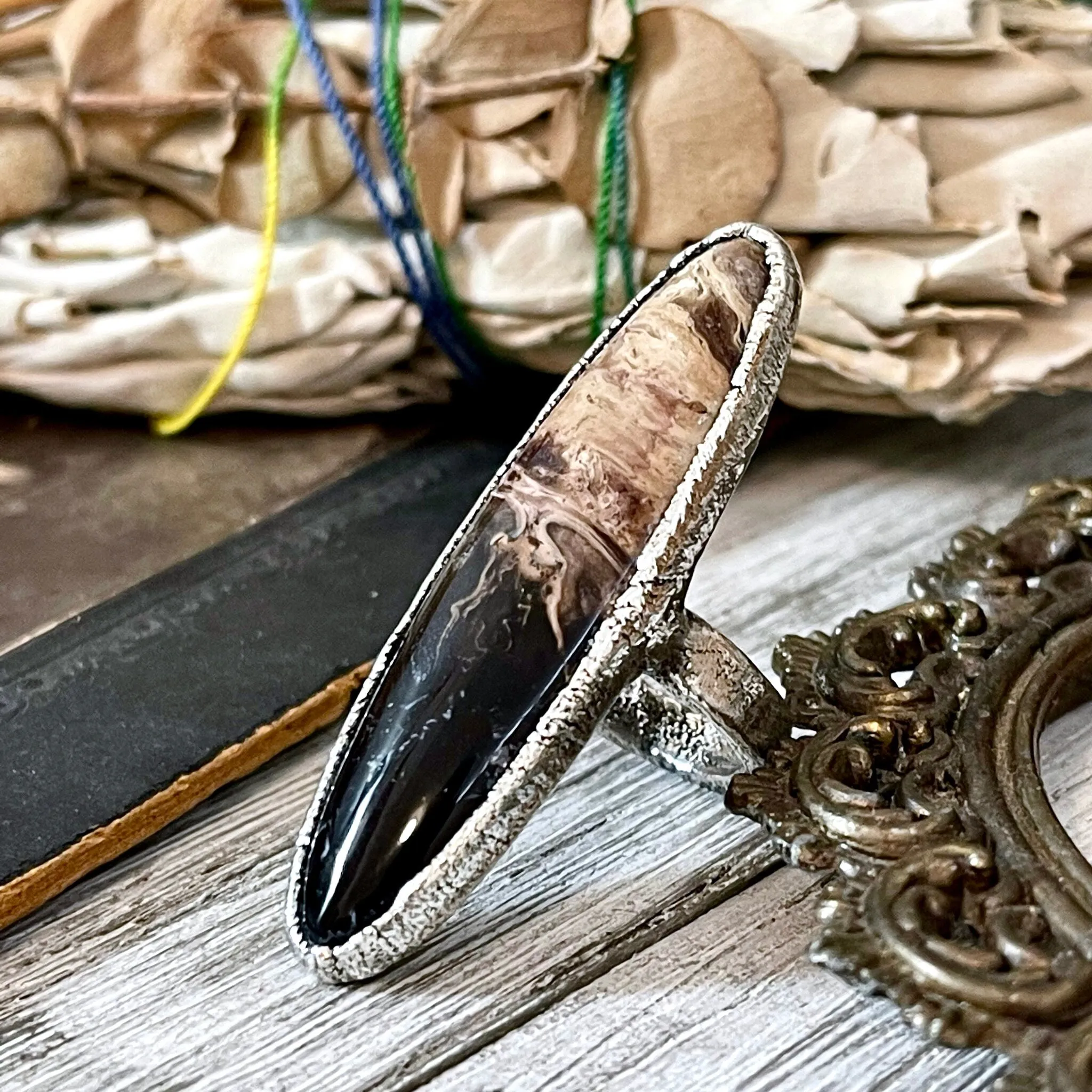 Size 7 Large Fossilized Palm Root Statement Ring in Fine Silver - Black Stone Ring / Foxlark Collection - One of a Kind