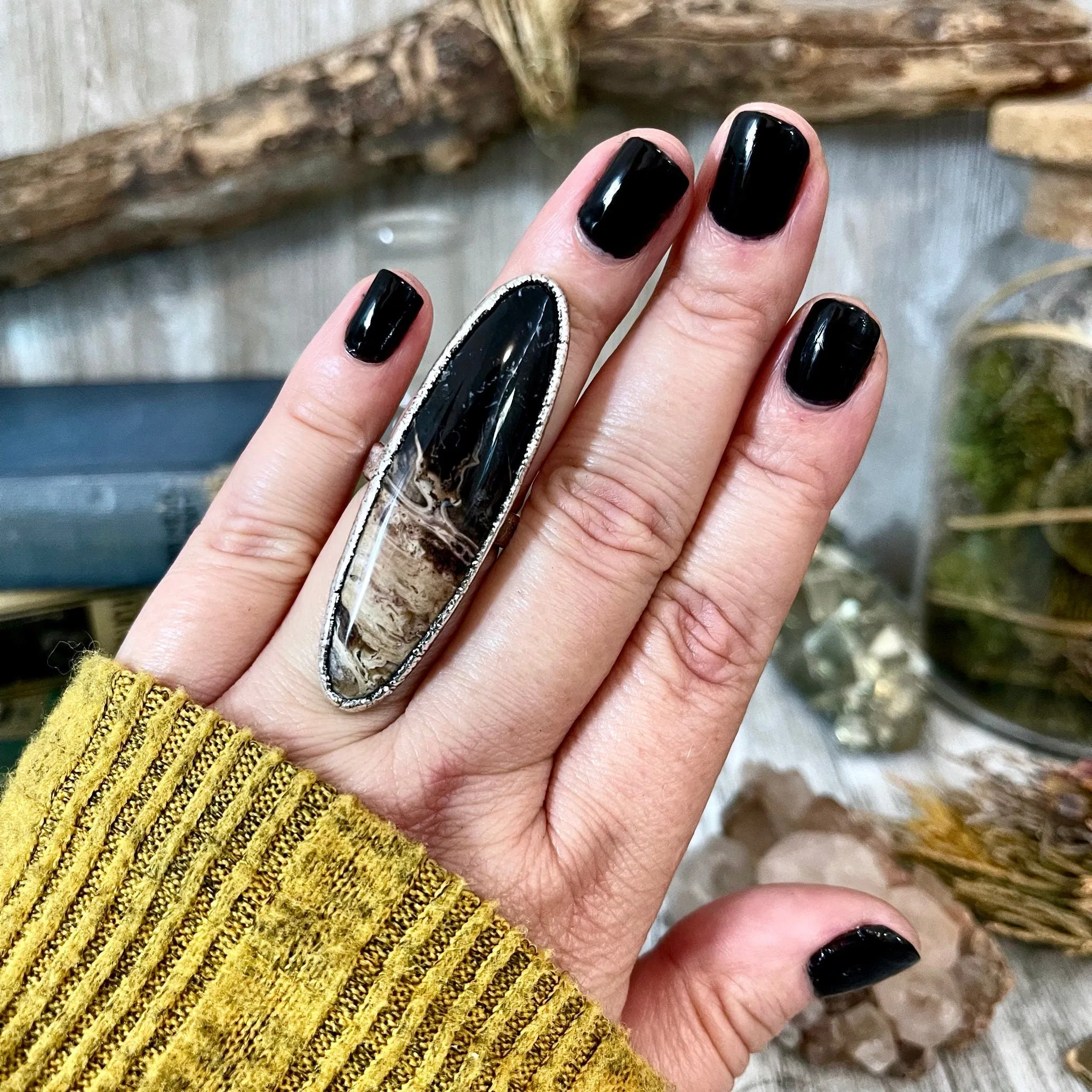 Size 7 Large Fossilized Palm Root Statement Ring in Fine Silver - Black Stone Ring / Foxlark Collection - One of a Kind