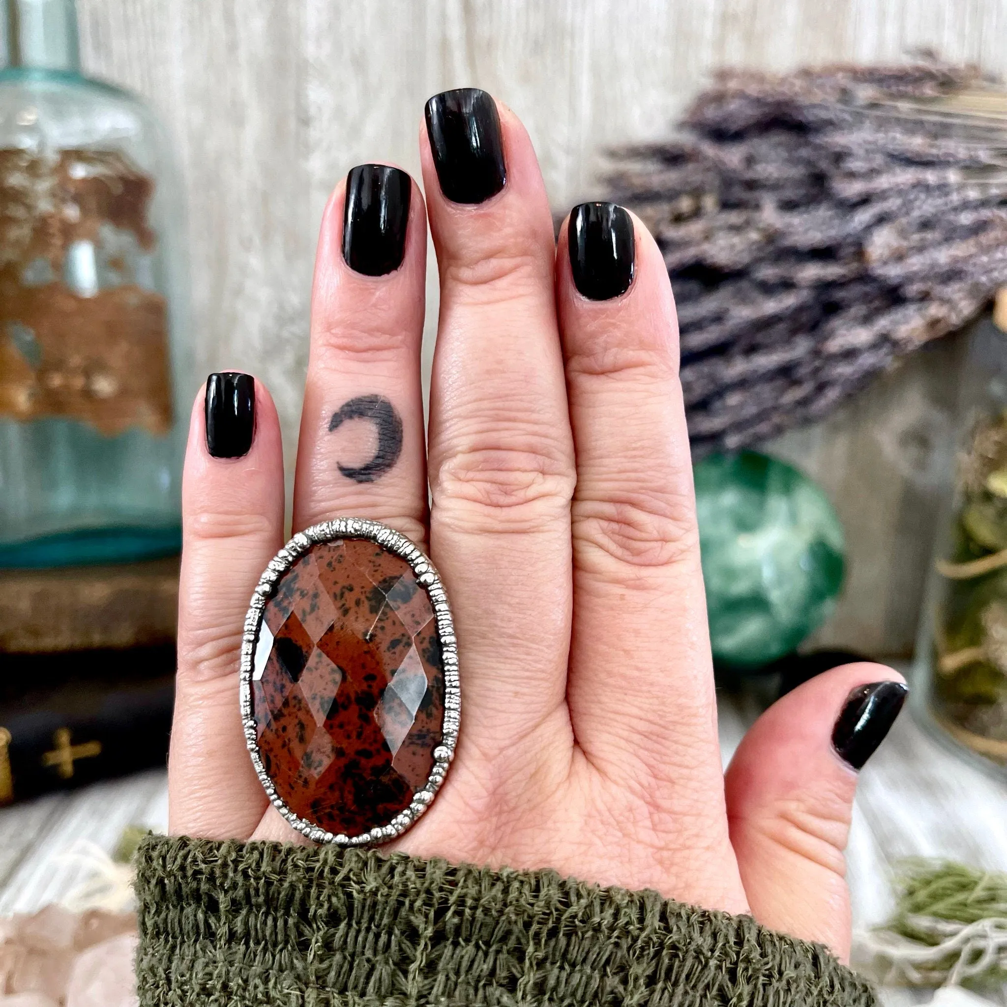 Size 7.5 Big Mahogany Obsidian Statement Ring in Fine Silver / Foxlark Collection - One of a Kind