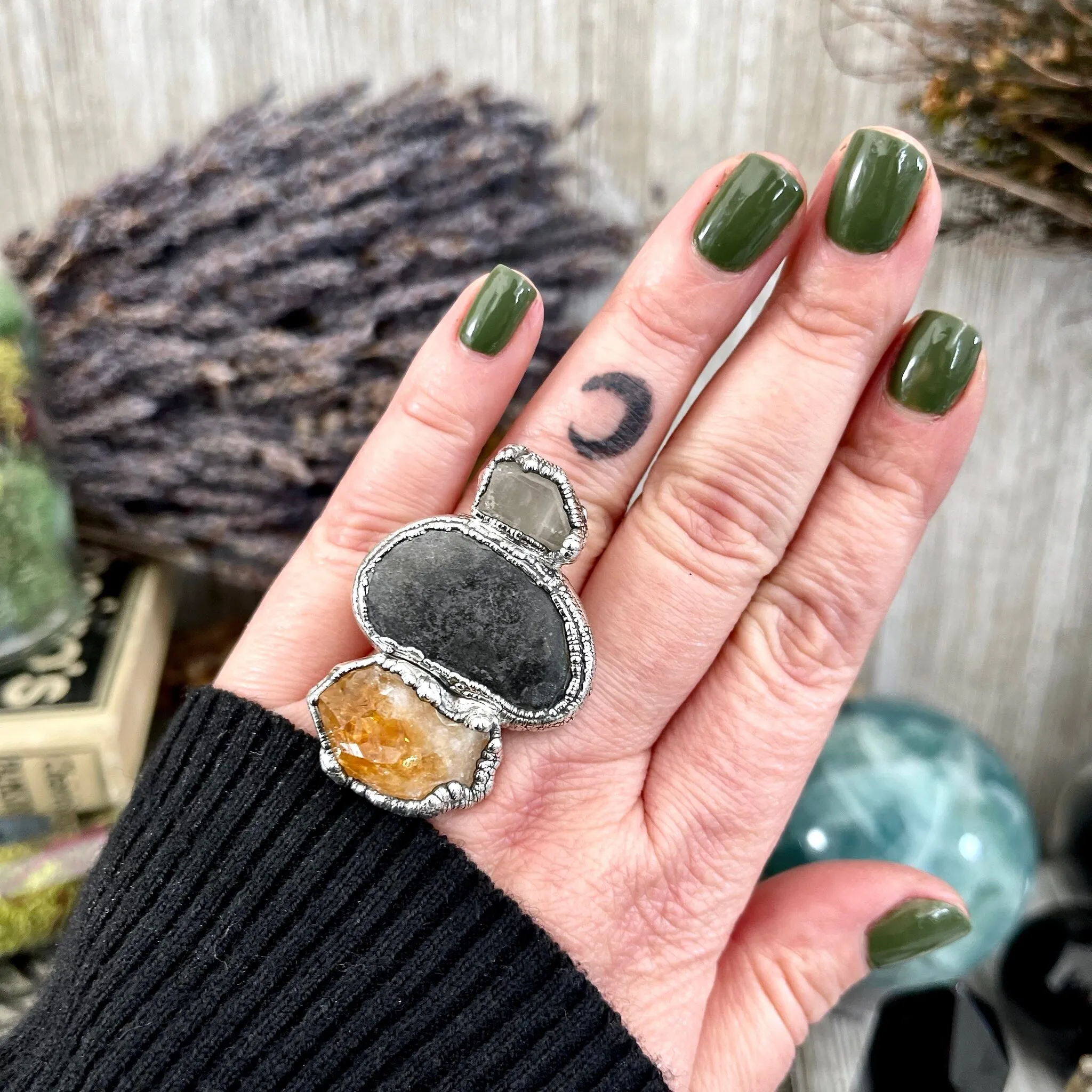 Size 7.5 Three Stone Ring- Citrine Clear Quartz River Rock Crystal Ring Fine Silver / Foxlark Collection - One of a Kind