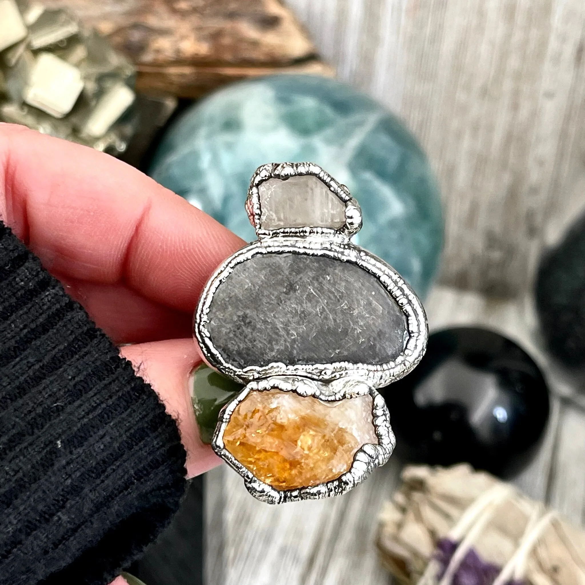 Size 7.5 Three Stone Ring- Citrine Clear Quartz River Rock Crystal Ring Fine Silver / Foxlark Collection - One of a Kind