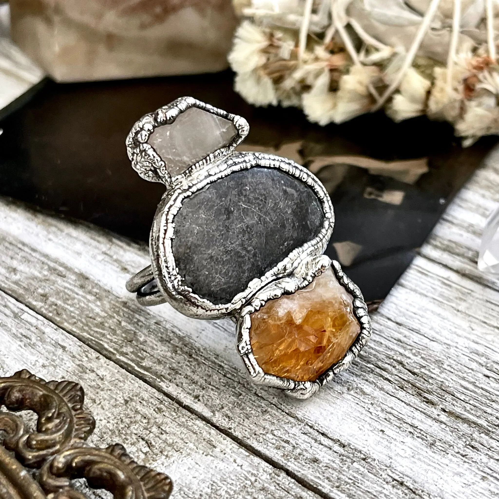 Size 7.5 Three Stone Ring- Citrine Clear Quartz River Rock Crystal Ring Fine Silver / Foxlark Collection - One of a Kind