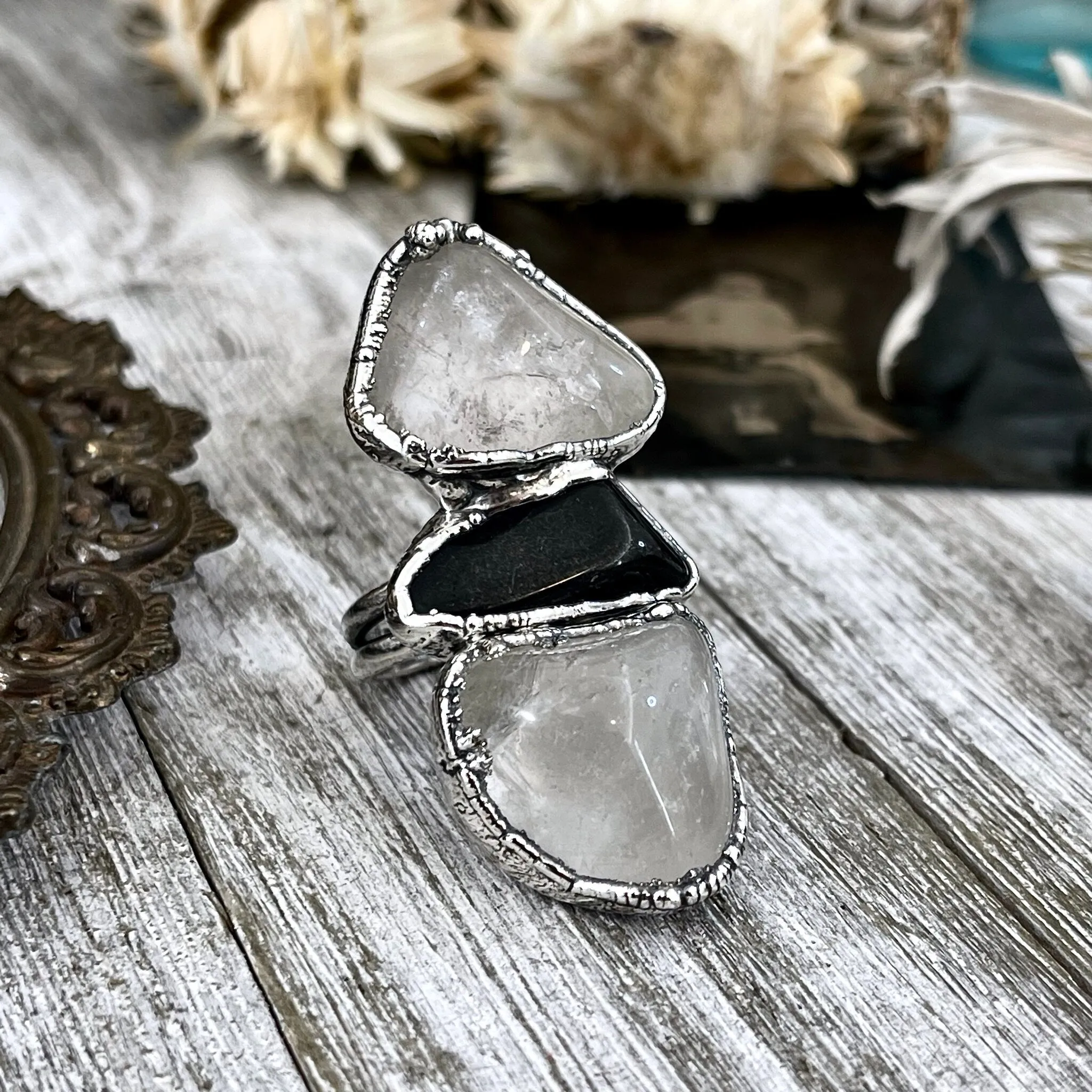 Size 8.5 Crystal Ring - Three Stone Black Onyx Clear Quartz Ring in Silver / Foxlark Collection - One of a Kind