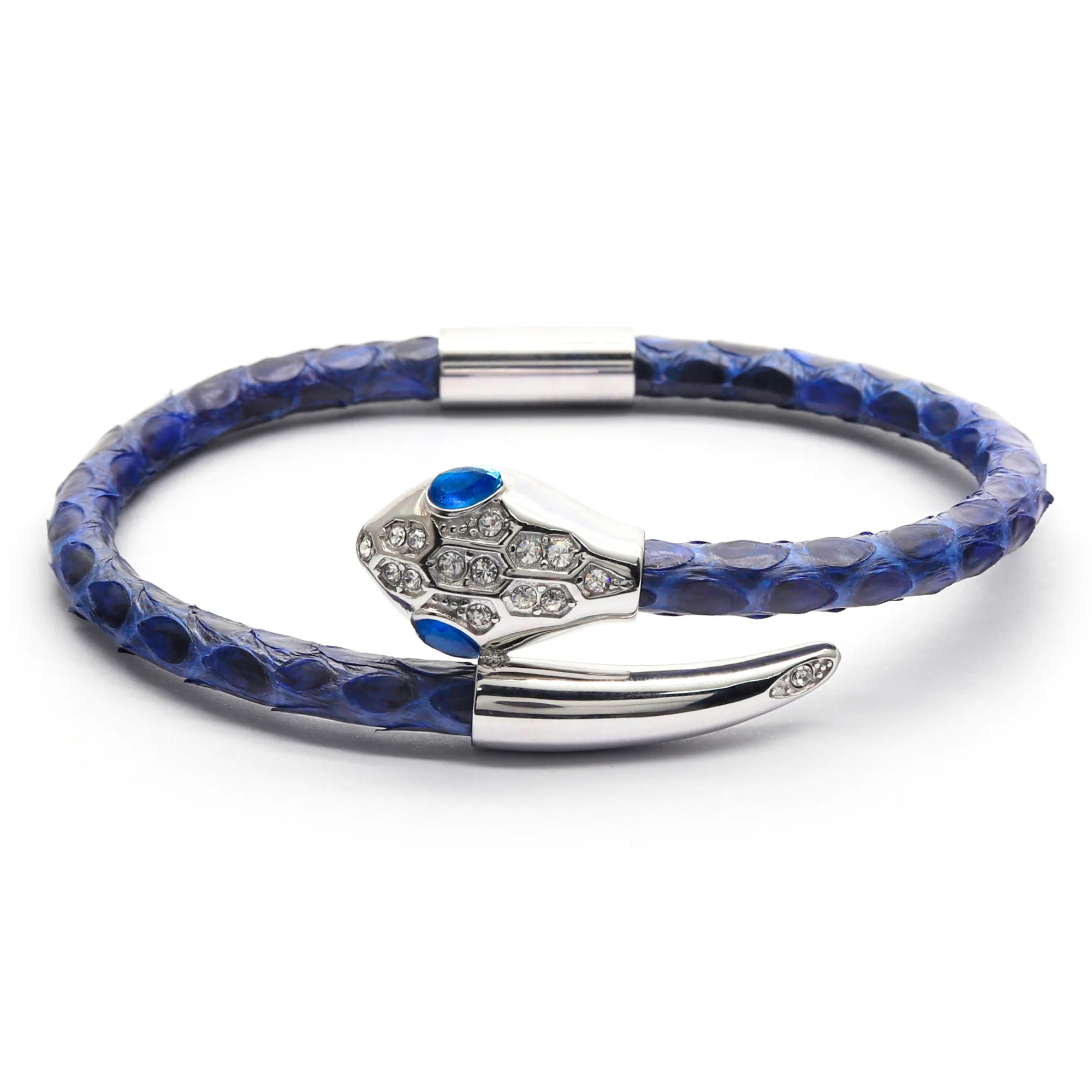 Snake Head Bracelet - Blue Leather with Zircon Diamond