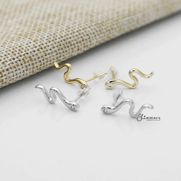 Solid 925 Sterling Silver CZ Snake Stud Earrings