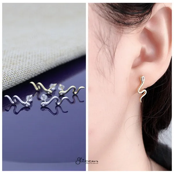 Solid 925 Sterling Silver CZ Snake Stud Earrings