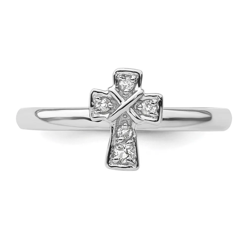 Stackable Expressions Rhodium White Topaz Cross Ring in Sterling Silver