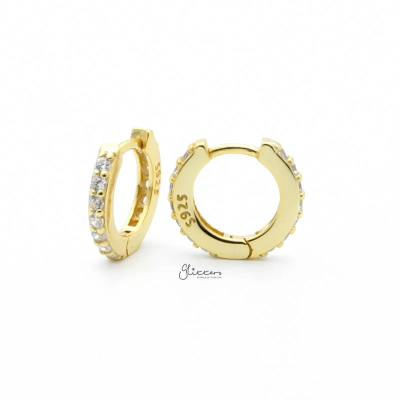 Sterling Silver CZ Paved One-Touch Huggie Hoop Earrings - Gold