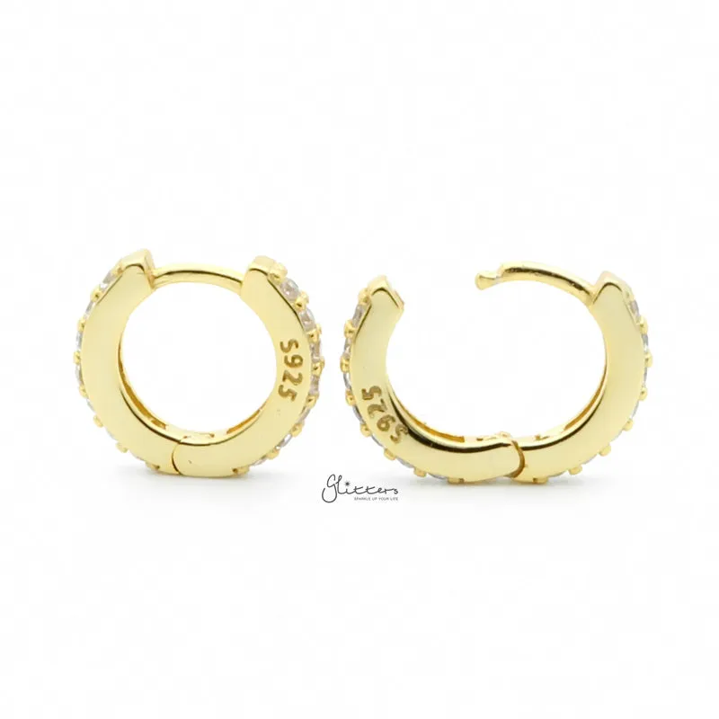 Sterling Silver CZ Paved One-Touch Huggie Hoop Earrings - Gold