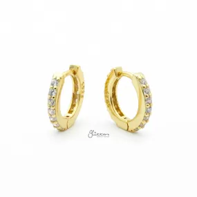 Sterling Silver CZ Paved One-Touch Huggie Hoop Earrings - Gold