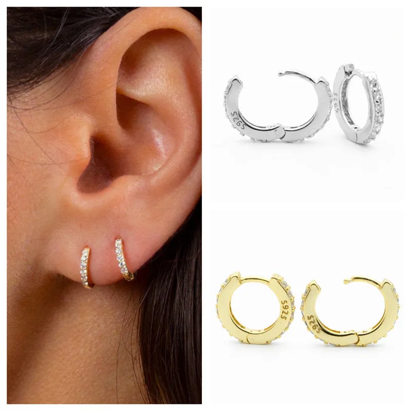 Sterling Silver CZ Paved One-Touch Huggie Hoop Earrings - Gold