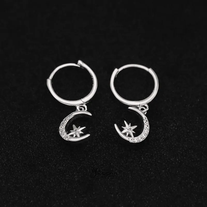 Sterling Silver Huggie Hoop Earrings with Dangle C.Z Moon and Star - Silver