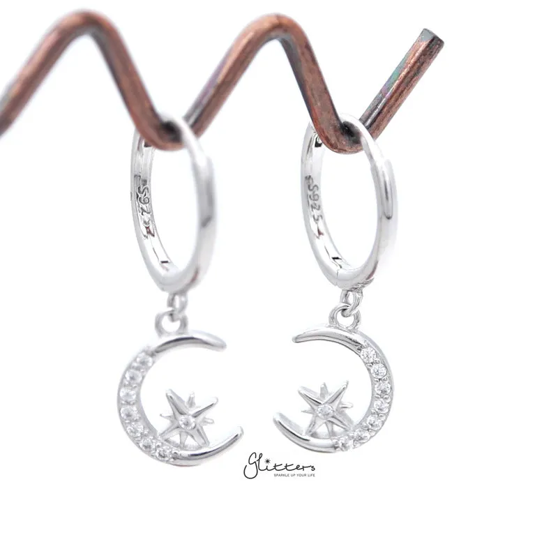 Sterling Silver Huggie Hoop Earrings with Dangle C.Z Moon and Star - Silver