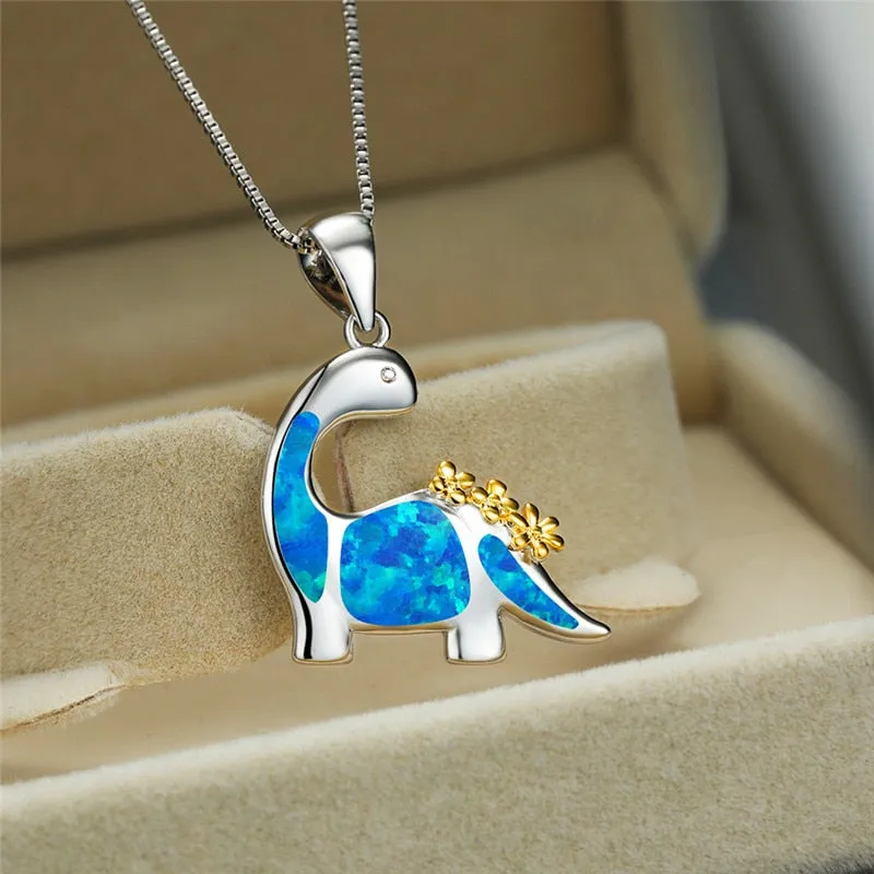 Sterling Silver Opal Dinosaur Pendant Necklace