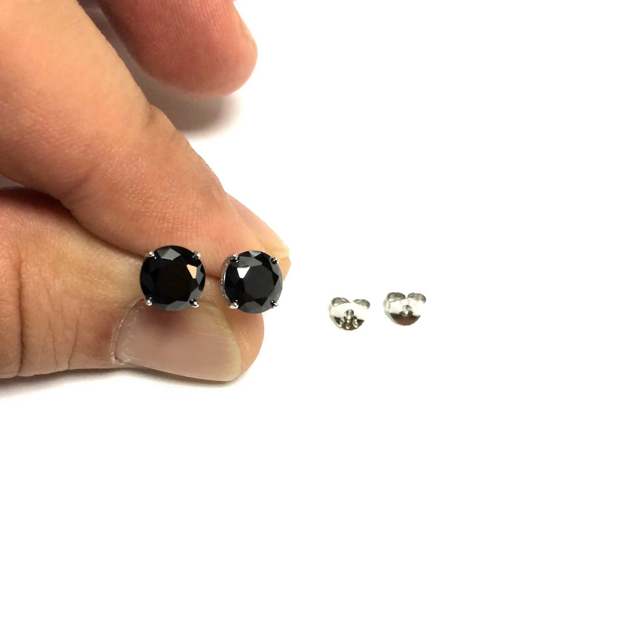 Sterling Silver Rhodium Finish Black Round Cubic Zirconia Stud Earring