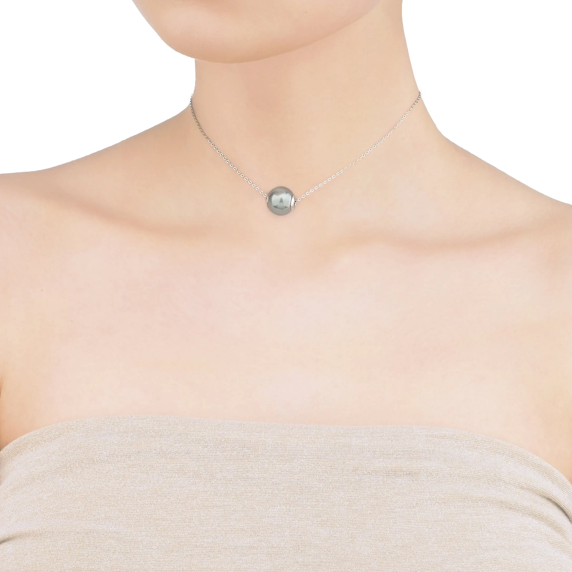 Sterling Silver Rhodium Plated Choker Necklace for Women with Grey Round Pearl, 12mm Pearl, 13/16.9 Chain Length, Nuada Collection