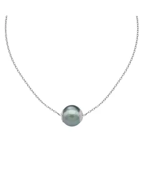 Sterling Silver Rhodium Plated Choker Necklace for Women with Grey Round Pearl, 12mm Pearl, 13/16.9 Chain Length, Nuada Collection