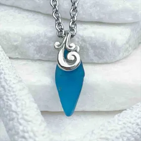 Striking Turquoise Sea Glass Pendant with Sterling Silver Ocean Waves Bail | #1713