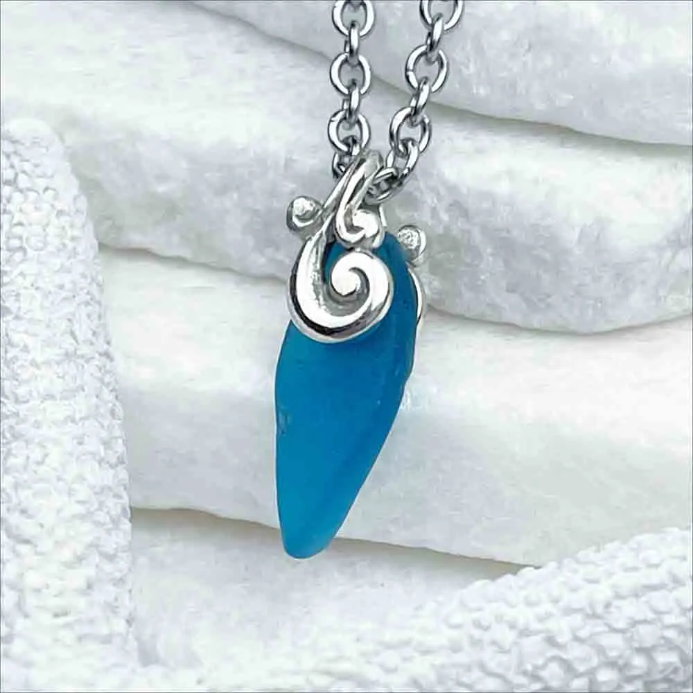 Striking Turquoise Sea Glass Pendant with Sterling Silver Ocean Waves Bail | #1713