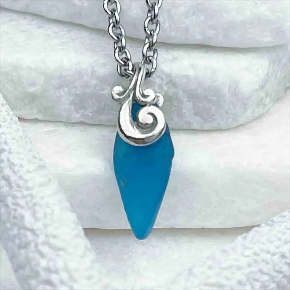 Striking Turquoise Sea Glass Pendant with Sterling Silver Ocean Waves Bail | #1713