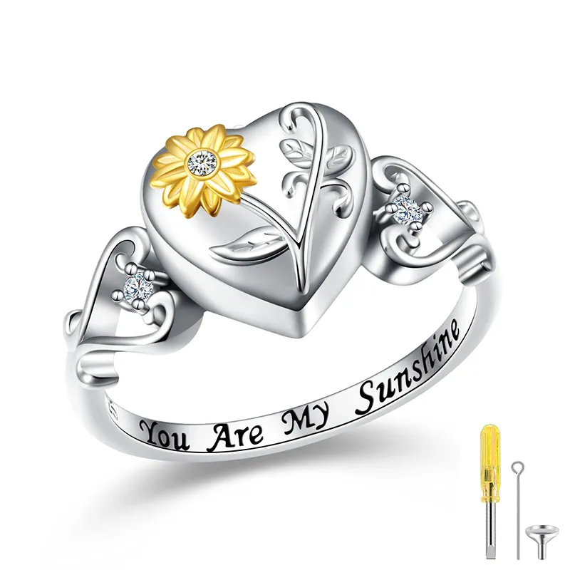 Sunflower Urn Ring for Ashes 925 Sterling Silver Cremation Jewelry for Women Bereavement Gift