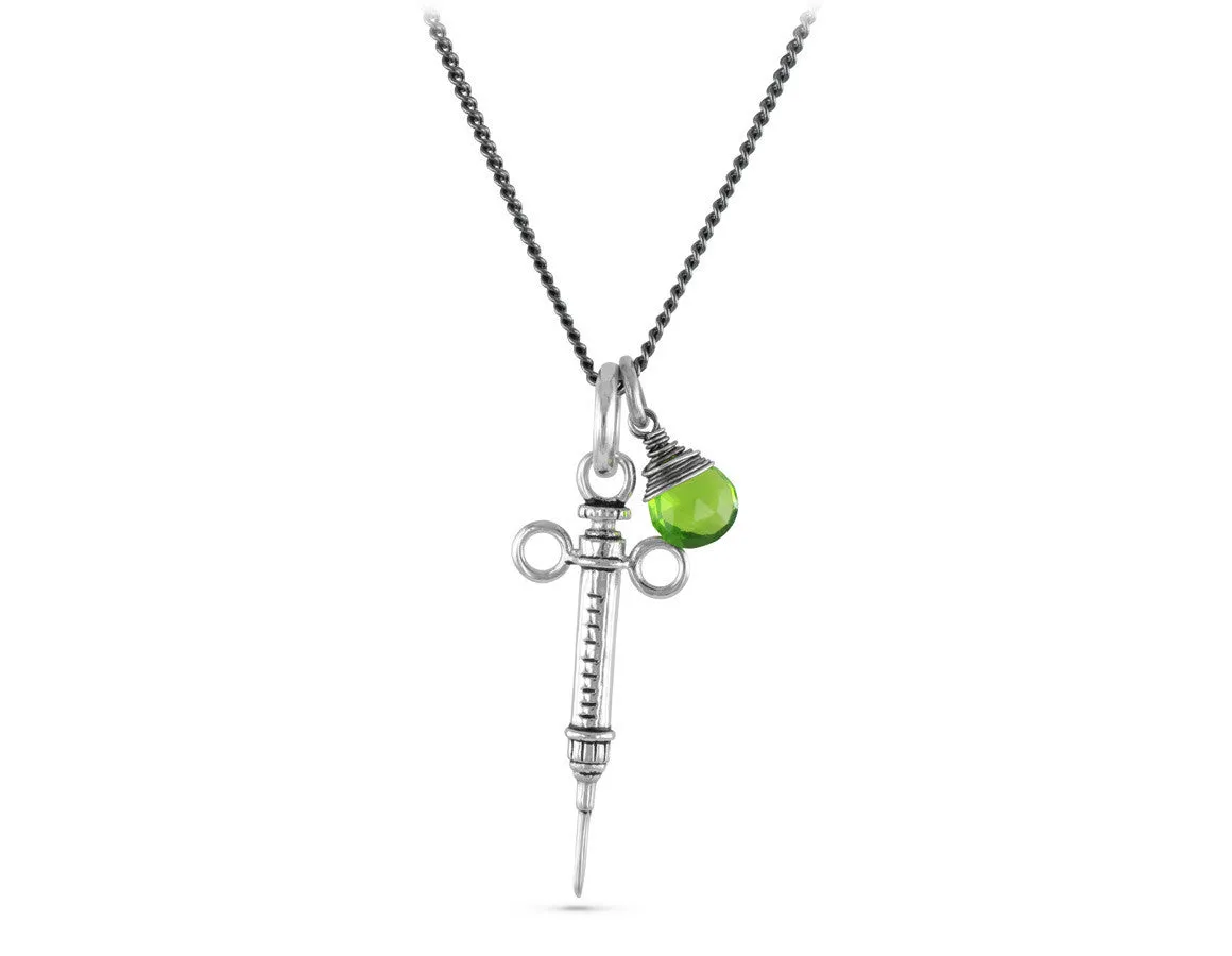 Syringe Necklace with Emerald - Silver