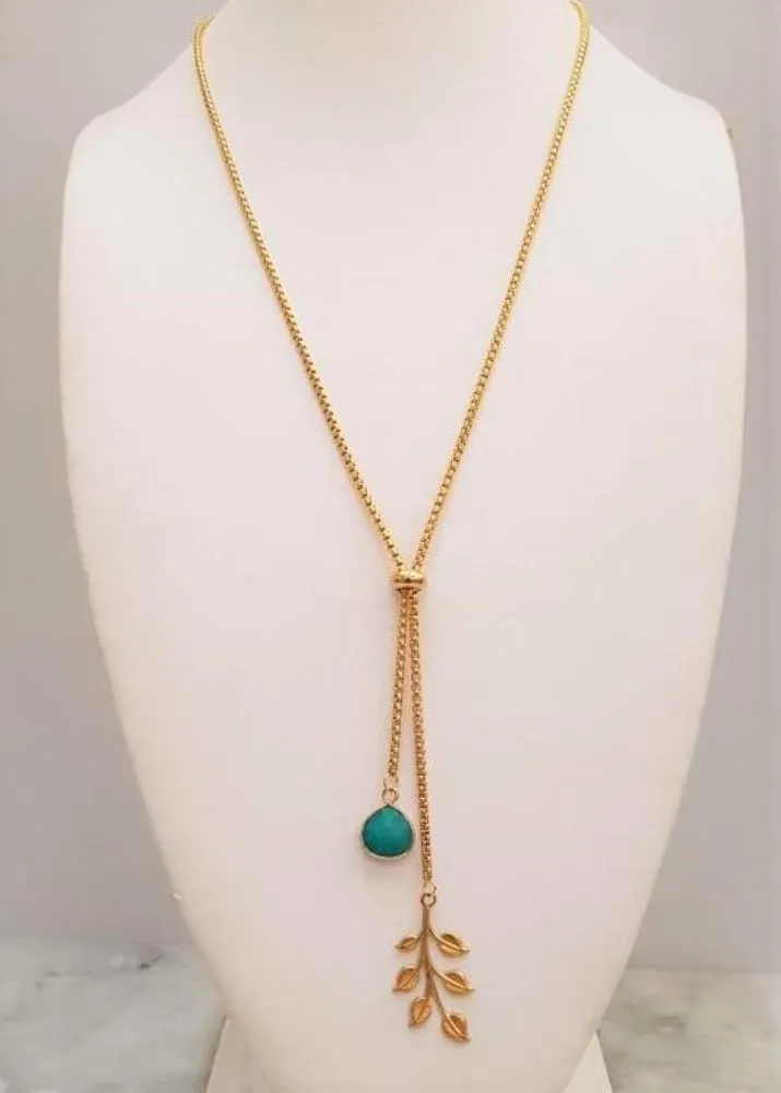 Teal Jade with Leaf Branch Charm Affirmation Slider Necklace