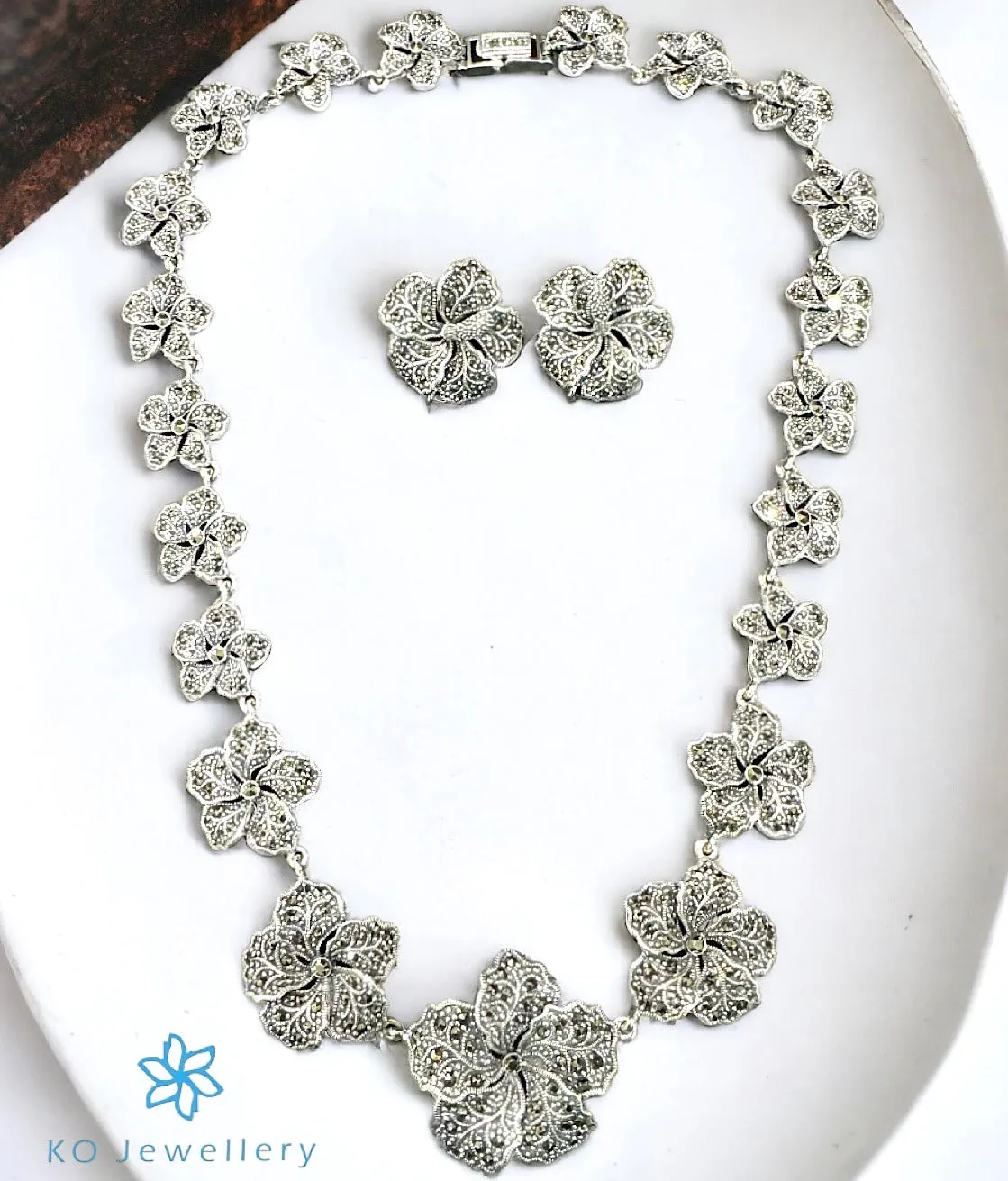 The Fragipani Silver Marcasite Necklace & Earrings