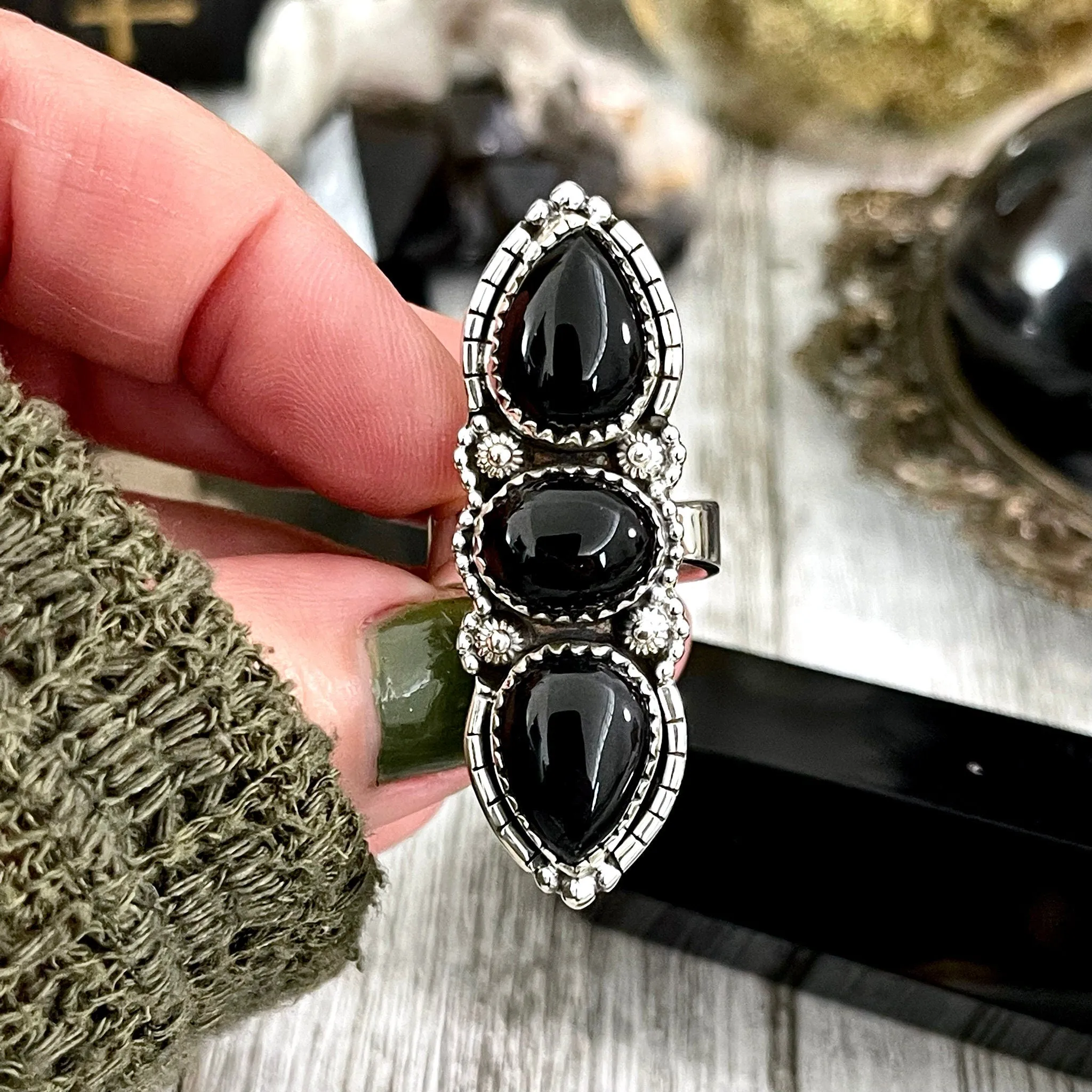 Three Stone Black Onyx Ring in Sterling Silver- Designed by FOXLARK Collection Adjustable to Size 6 7 8 9 / Big Crystal Ring Witchy Jewelry