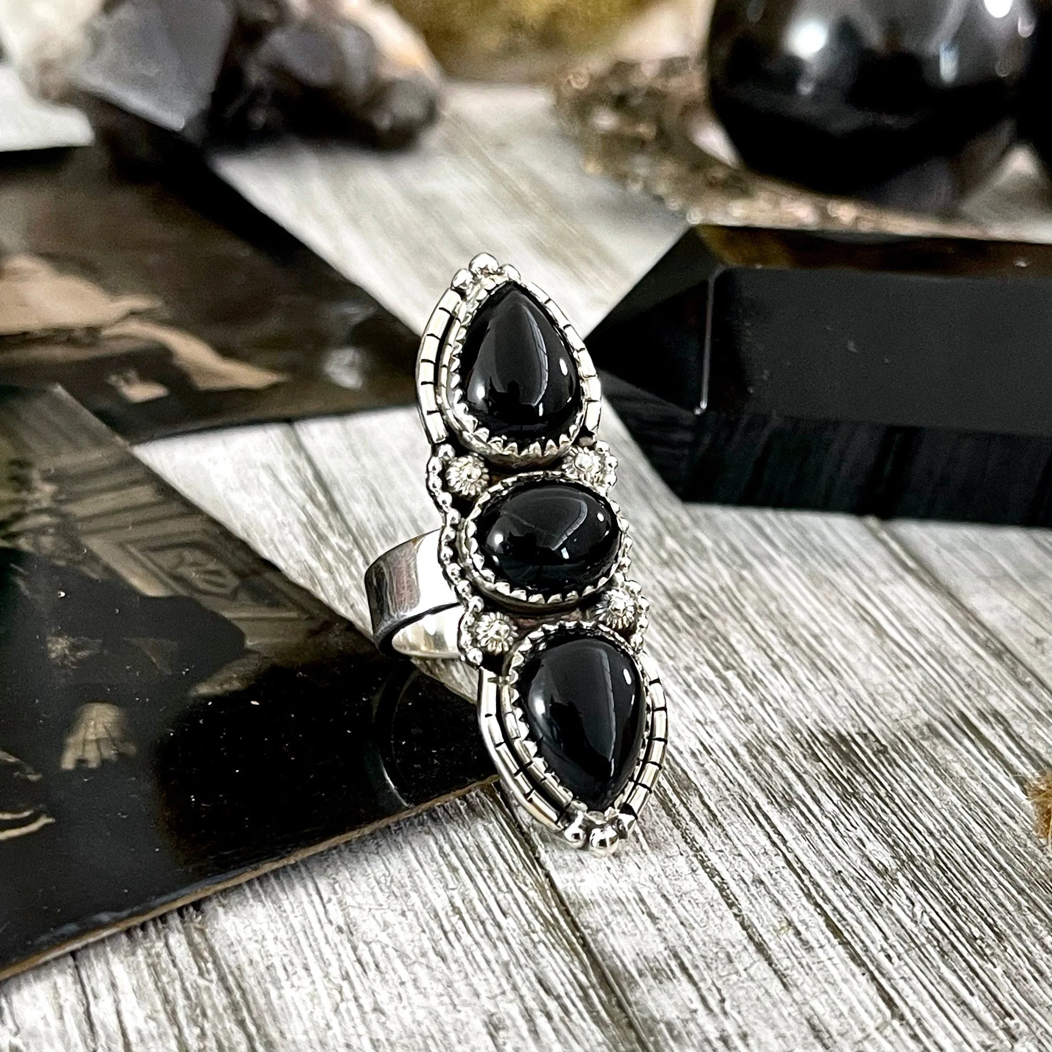 Three Stone Black Onyx Ring in Sterling Silver- Designed by FOXLARK Collection Adjustable to Size 6 7 8 9 / Big Crystal Ring Witchy Jewelry