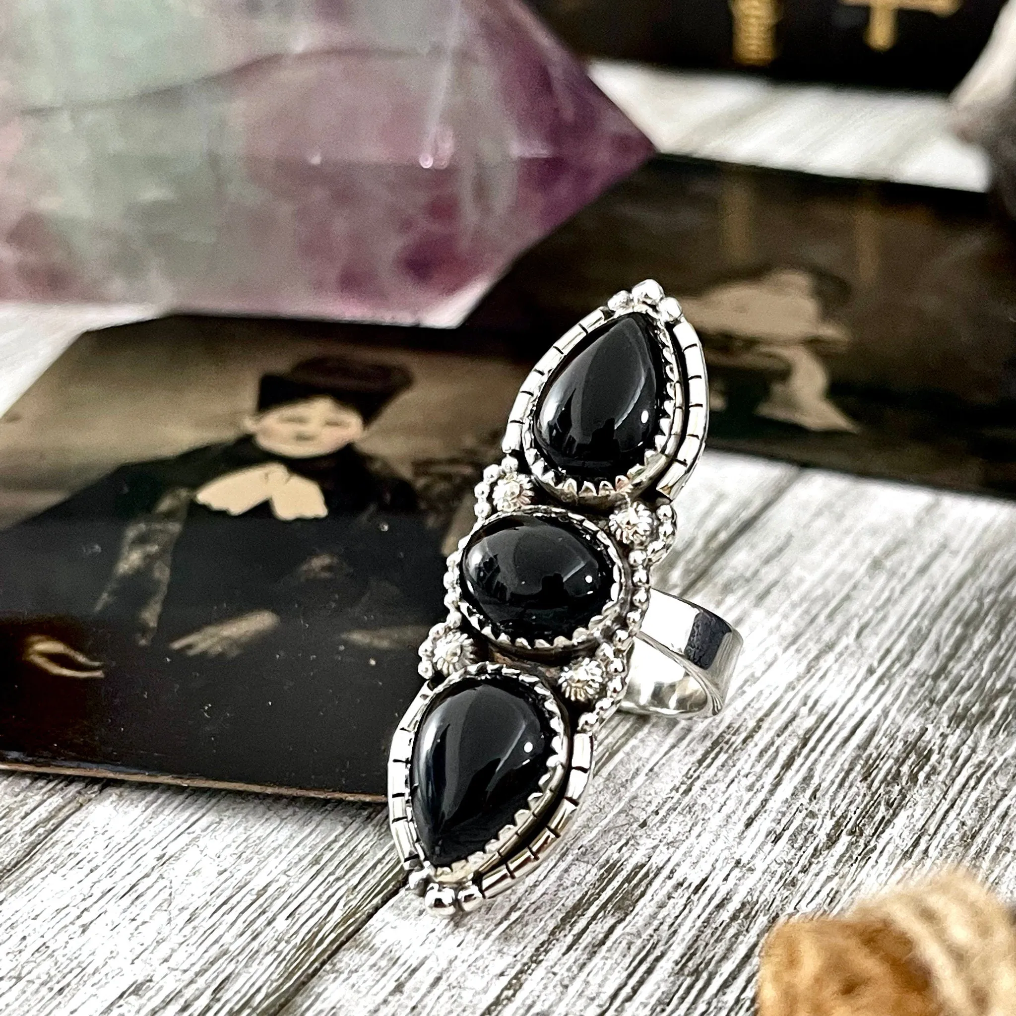 Three Stone Black Onyx Ring in Sterling Silver- Designed by FOXLARK Collection Adjustable to Size 6 7 8 9 / Big Crystal Ring Witchy Jewelry