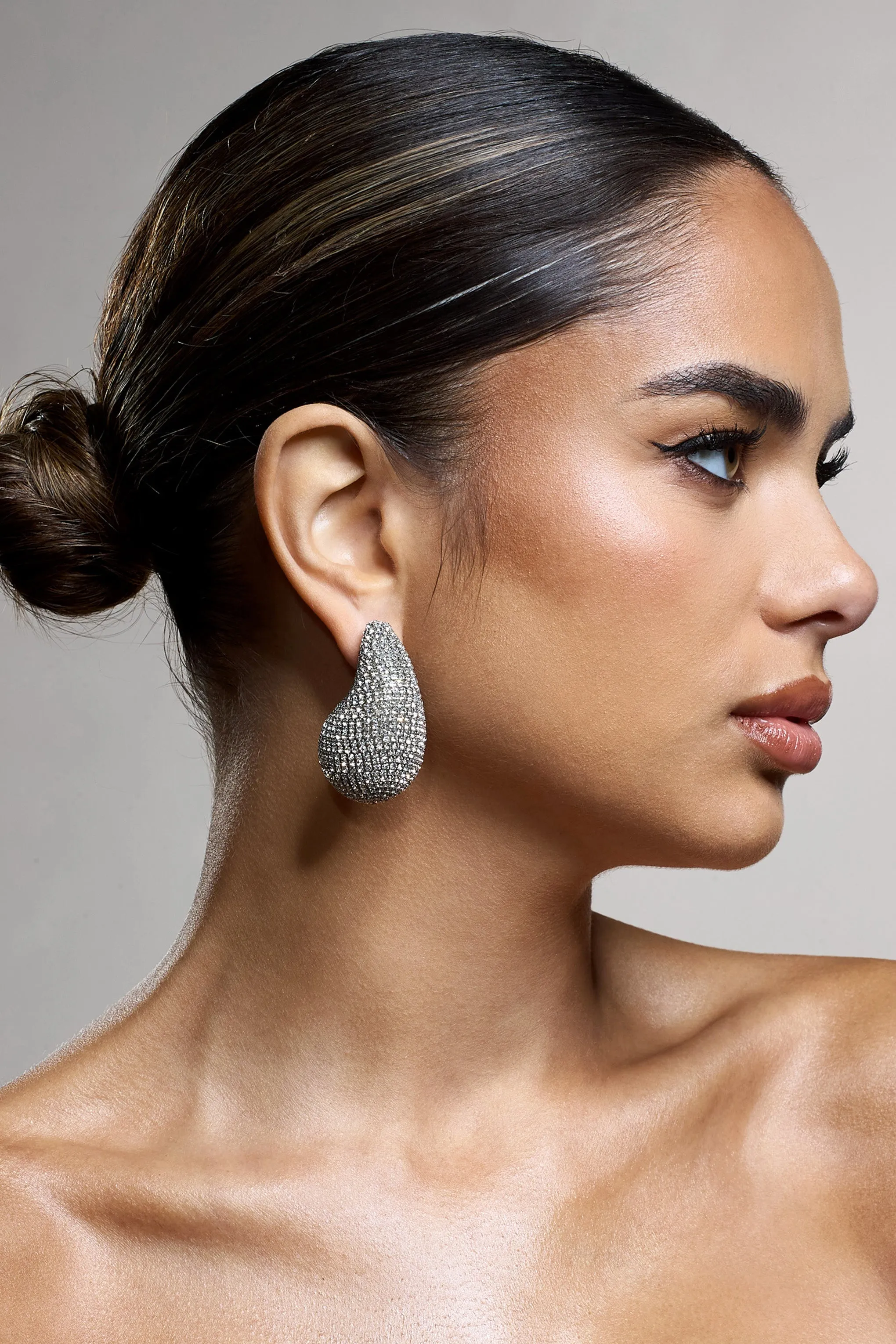 True Icon | Silver Diamante Statement Teardrop Earrings