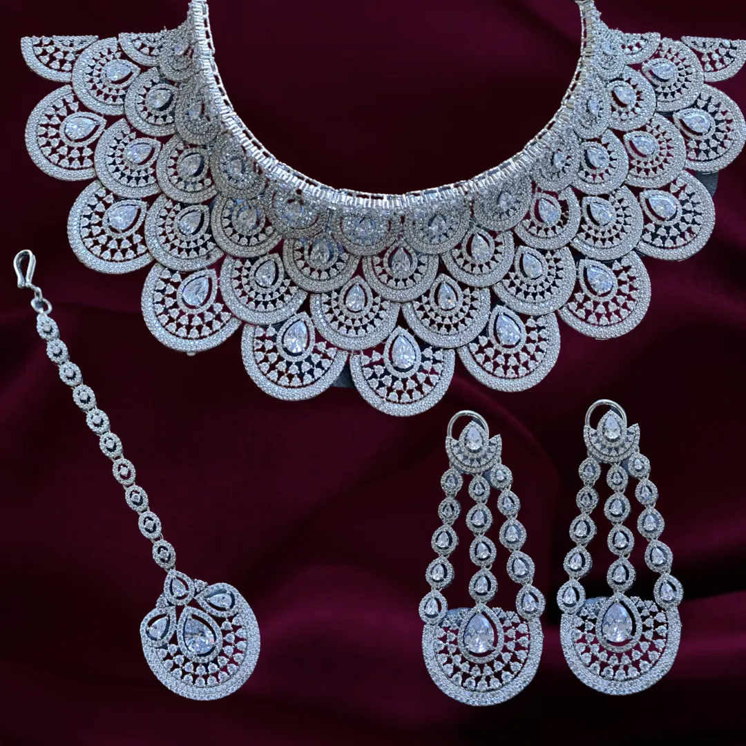 Urmila Luxury White Gold Necklace, Tikka & Earring Bridal Set By Jaipur Rose Luxury Jewelry