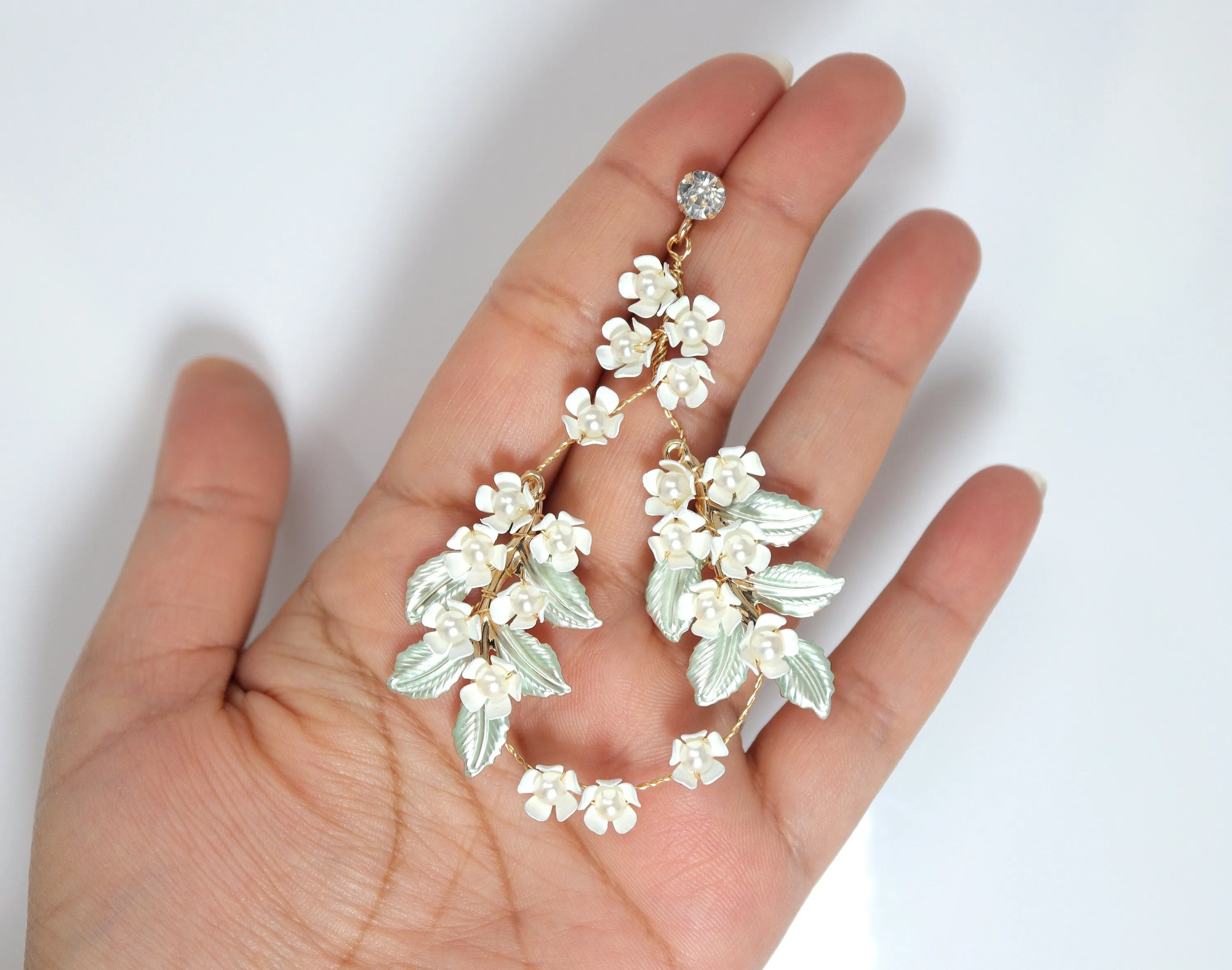 White Flower Green Leaves Pearl Hoop Earrings, Long Bridal Jewelry, Dangle Earrings, Bridal Crystal Earrings, Statement Earrings