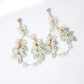 White Flower Green Leaves Pearl Hoop Earrings, Long Bridal Jewelry, Dangle Earrings, Bridal Crystal Earrings, Statement Earrings