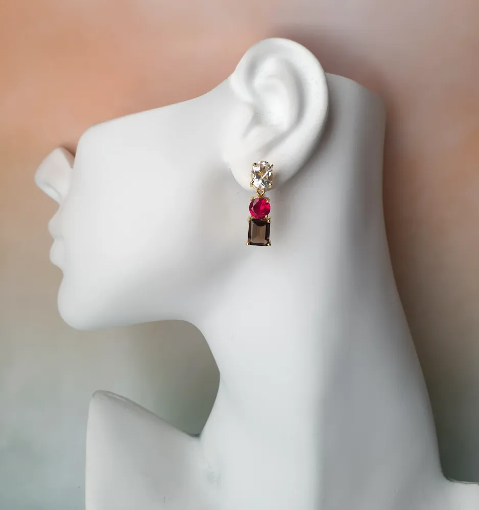 White Topaz with Ruby and Smoky Topaz Detachable Separates Earrings