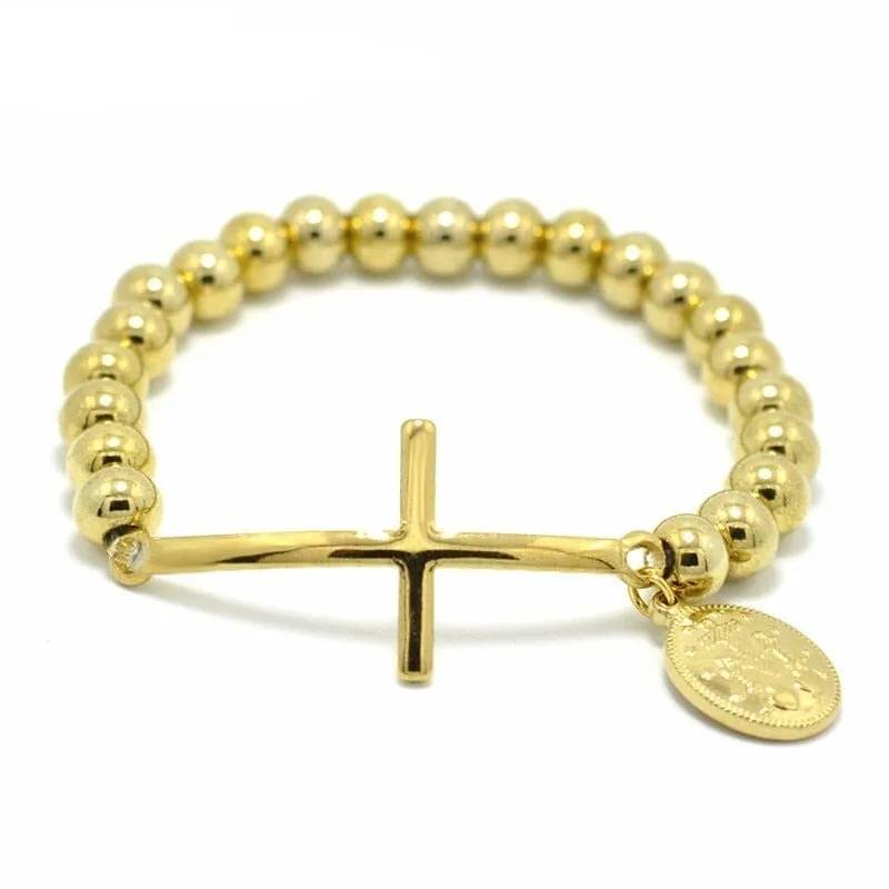 WWJD Virgin Mary Rosary Cross Stretch Strand Stainless Steel Bracelet