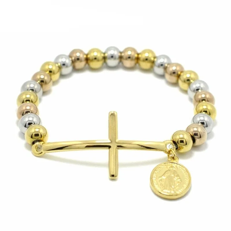 WWJD Virgin Mary Rosary Cross Stretch Strand Stainless Steel Bracelet